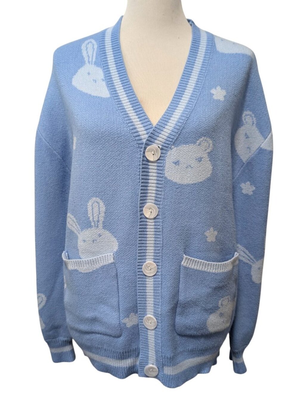 Steady Hands Womens Sz S/M Blue Ouran Host Club Bunny Bear Knit Cardigan Sweater